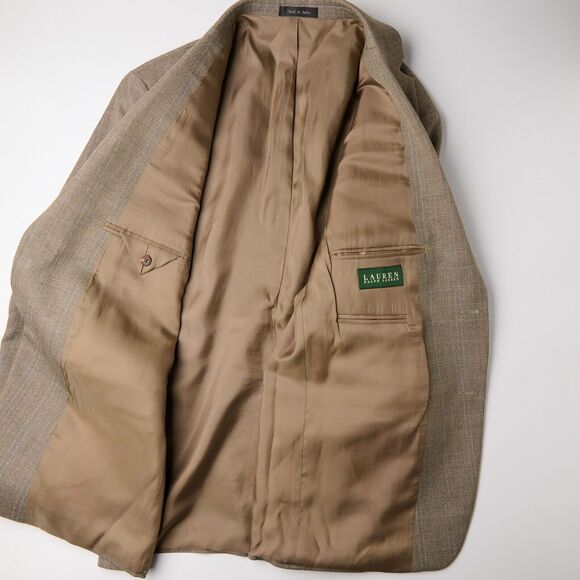 Vtg Lauren Ralph Lauren Blazer 42R Tan Plaid Wool Jacket Single Breasted Notch - Picture 5 of 9